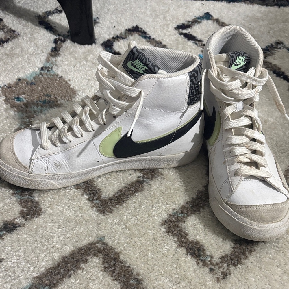 Nike White High-Top Sneakers with Black and Lime Swoosh